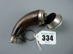 A Victorian horn shaped scent container with white metal mounts and hinged lid, leather covered body