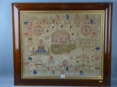 Sampler - a fine large rosewood framed child's sampler featuring trees, flowers, the Tower of