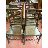 A set of six antique oak ladderback farmhouse chairs on turned front supports and cross stretcher