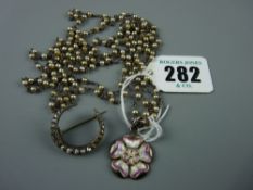 A silver and enamel English Rose pendant, Chester 1908, with a long pearl chain, 12 grms and a