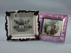 Sunderland lustre - a light pink bordered plaque with dark brown scrolling 'Mariner's Arms' and a