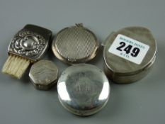 An oval plain silver powder box, a small modern octagonal bright cut vinaigrette, a silver powder