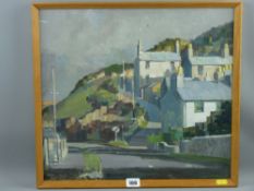 WILLIAM ROBERTS (of Pwllheli) oil on board - hilly street scene with cottages, signed and entitled