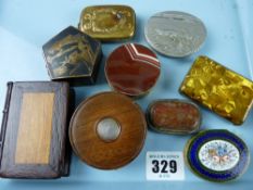 A collection of nine various pill boxes to include a gilt metal example with enamel decoration of