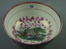 Sunderland lustre - a circular pedestal bowl, the interior with implements of the land and to the