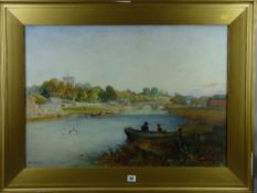 PAUL H ELLIS watercolour - the River Clwyd at Rhuddlan with castle, bridge, church and figures in