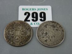 A 1663 silver one shilling piece and a 1723 SSC silver one shilling piece