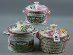 Sunderland lustre - three circular twin handled lidded bowls, 10 cms, 11 cms and 12 cms diameter