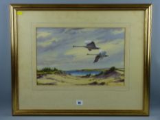 WINSTON MEGORAN watercolour - pair of mute swans flying over dunes, signed, 27 x 42 cms