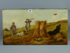 Late 19th Century English School oil on canvas, unframed - two huntsmen with their dogs in a stooked