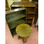 A mahogany four shelf railback bookcase, an oak four shelf bookcase and a circular topped oak side