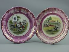 Sunderland lustre - two circular pink lustre plaques from the Sporting Series by Moore & Co (chip