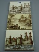 Three Victorian pottery tiles, two with a matching view of Caernarfon Castle, one hand coloured,