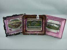 Sunderland lustre - three pink bordered oblong plaques 'New Bridge Over The Wear at Sunderland', 'An