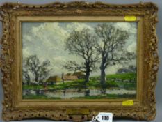 JOSE WEISS oil on board - rural scene with thatched farmstead and trees and duckpond, signed and