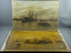E FLETCHER oils on canvas, one unframed - busy harbour shipping scenes with numerous ships, each