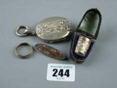 A cased silver thimble, an oval white metal pendant locket, a silver and yellow metal pin brooch and