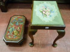 A rectangular mahogany footstool with canted corners and floral patterned beadwork top, 57 cms
