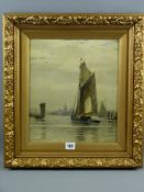 FREDERICK J ALDRIDGE oil on canvas - river and harbour scene with boats, signed and dated 1889, 34 x