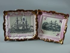 Sunderland lustre - two pink bordered ship plaques 'Northumberland 74' by Dixon & Co and 'The