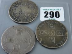 Three silver five shilling pieces, 1662, 1695 and 1696