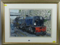 JULIE WILLIAMS (of Anglesey) watercolour - Welsh Highland locomotive standing alongside the walls at