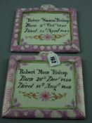 Sunderland lustre - a pair of pink bordered memorial plaques for 'Robert Moore Bishop, 1820-1846'