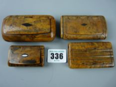 Four 19th Century burr walnut snuff boxes, 5.5 cms the smallest, 8.8 cms the largest