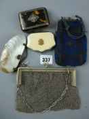Five lady's antique purses, a white metal chainmail, a tortoiseshell with engraved white metal top