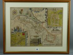 A coloured and tinted map of Flintshire by JOHN SPEED, Sudbury & Humble edition, glazed to rear,