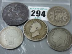 Five silver coins - an 1822 crown and four half crowns, 1820, 1825, 1876, 1881