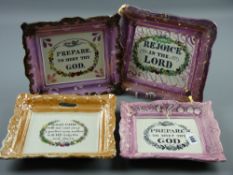 Sunderland lustre - parcel of four religious plaques 'Prepare To Meet Thy God', pink bordered (two),