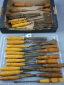 A set of twenty plus boxwood and ash handled chisels, mainly by Marples including a back bent and