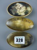Three oval horn lidded snuff boxes, one inscribed 'John Evans', one with the stylized letters 'E'
