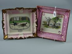 Sunderland lustre - an oblong pink bordered plaque with cockfighting scene after Henry Alken