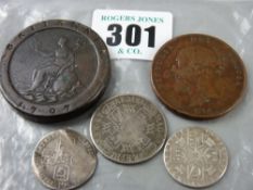 Three silver coins - a William & Mary one shilling, a 1746 Lima sixpence piece, a 1787 sixpence