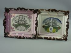 Sunderland lustre - an oblong plaque depicting a three master 'May Peace and Plenty on our Nation