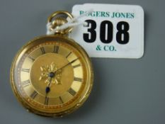 Lady's fob watch - a fine neat eighteen carat gold lady's fob watch, the back decorated with flowers