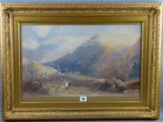 S PAGET watercolour - mountainscape with figures on a path, signed, 34 x 55 cms