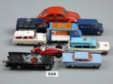Corgi Cars and Vans - seven unboxed diecast vehicles including a Batmobile, a Dinky Toys Maserati
