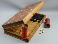 A pine cased backgammon draught set, leather spined and watermarked paper covered to resemble a