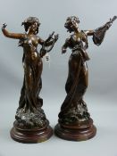 An excellent pair of bronzed spelter figurines, French 19th Century titled 'Harmonie' of a young