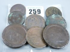 A parcel of George III bronze coinage including two cartwheel two pence pieces, three cartwheel