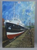 CARL F E HODGSON oil on canvas on stretcher, unframed - Liverpool pilot boat docked on the Mersey,