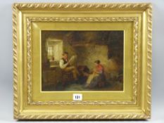 R T MINSHULL oil on canvas - interior scene, two seated figures with a baby in a cradle, signed