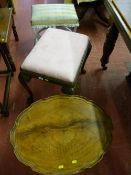 A walnut dressing stool with carved knee, swirled decoration, a Lloyd loom style dressing stool