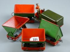 A clockwork tinplate mining train and figure with four tipper cars, marked 'LBZ for Lorenz Bolz
