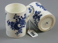 Worcester - two blue and white circa 1770 mugs decorated with fruit sprigs pattern, underglazed blue