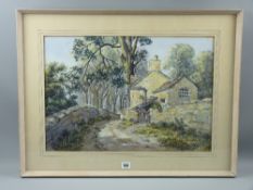 F C GATHERCOLE watercolour - cottage by a lane in a woodland setting, signed, 39 x 56 cms