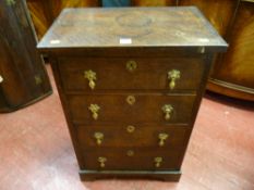 A small and neat proportioned country oak chest of four drawers on a bracket plinth base, the pine